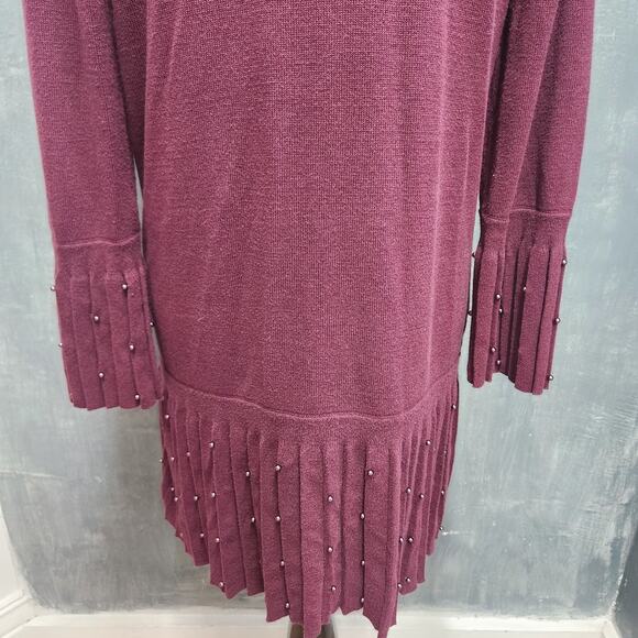 Chico’s Open Front Cardigan Sweater Pleated Hem Embellished Burgundy Wine Small - Picture 4 of 11